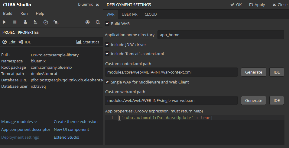 bluemix war settings